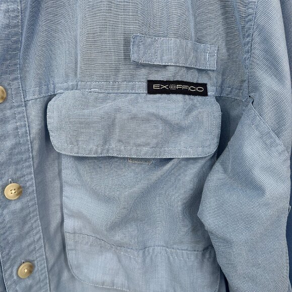 Exofficio Buzz off insect shield vented trail hiking outdoor shirt light blue M - Picture 2 of 12